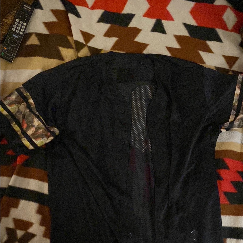 Black Button-Up jersey shirt w floral sleeve stripes and numbers